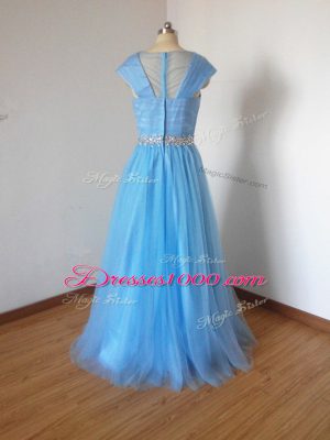 Stunning Floor Length Empire Cap Sleeves Baby Blue Bridesmaid Dresses Zipper