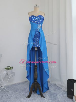 Modern Blue Elastic Woven Satin Zipper Evening Dress Sleeveless High Low Beading