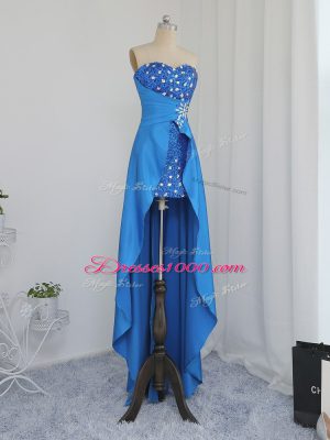 Modern Blue Elastic Woven Satin Zipper Evening Dress Sleeveless High Low Beading