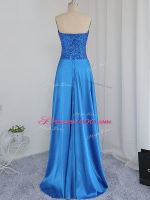 Modern Blue Elastic Woven Satin Zipper Evening Dress Sleeveless High Low Beading