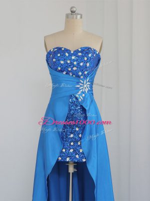 Modern Blue Elastic Woven Satin Zipper Evening Dress Sleeveless High Low Beading