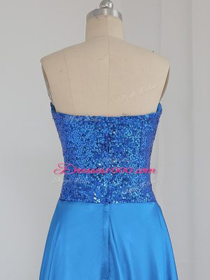 Modern Blue Elastic Woven Satin Zipper Evening Dress Sleeveless High Low Beading