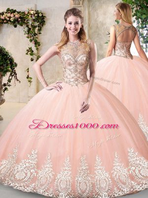 Admirable Peach Sleeveless Tulle Backless Vestidos de Quinceanera for Prom and Military Ball and Sweet 16 and Quinceanera