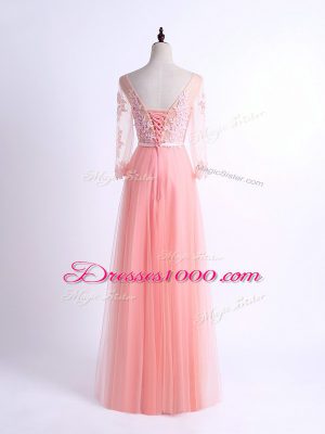 Customized Pink Lace Up Bridesmaid Gown Lace Half Sleeves Floor Length