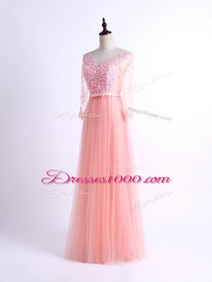 Customized Pink Lace Up Bridesmaid Gown Lace Half Sleeves Floor Length