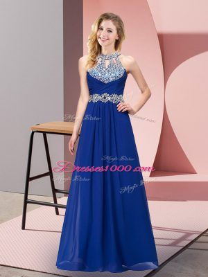 Fine Blue Zipper Homecoming Dress Beading and Ruching Sleeveless Floor Length