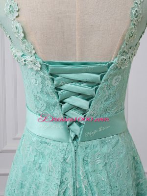 Shining Apple Green Damas Dress Prom and Party and Wedding Party with Lace and Bowknot Scoop Sleeveless Lace Up