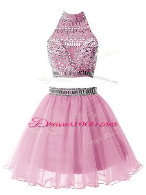 Organza High-neck Sleeveless Zipper Beading Bridesmaid Dress in Lilac