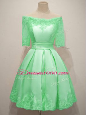 Shining Knee Length Lace Up Bridesmaid Dress Apple Green for Prom and Party and Wedding Party with Lace