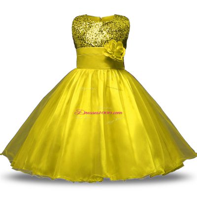 Best Selling Yellow Organza and Sequined Zipper Flower Girl Dresses for Less Sleeveless Knee Length Bowknot and Belt and Hand Made Flower
