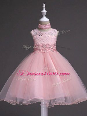 Excellent Knee Length Zipper Child Pageant Dress Baby Pink for Wedding Party with Beading and Appliques