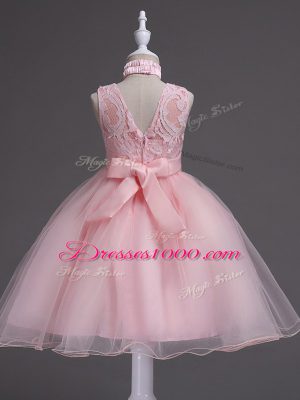 Excellent Knee Length Zipper Child Pageant Dress Baby Pink for Wedding Party with Beading and Appliques