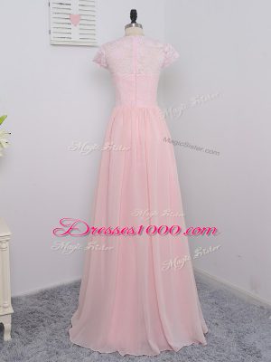 Baby Pink Zipper Court Dresses for Sweet 16 Lace Short Sleeves Floor Length