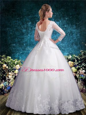 Fancy V-neck 3 4 Length Sleeve Lace Up Wedding Gowns White Tulle