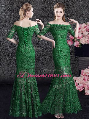 Elegant Mermaid Off the Shoulder Half Sleeves Floor Length Lace Lace Up Mother of Groom Dress with Green