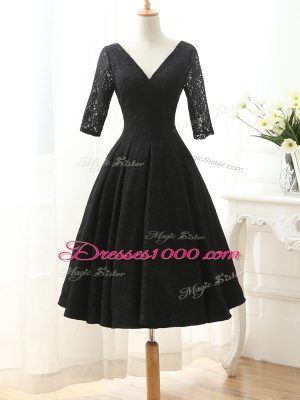 Black Half Sleeves Knee Length Lace and Appliques Lace Up Evening Dress