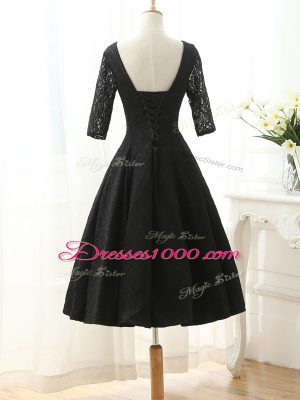 Black Half Sleeves Knee Length Lace and Appliques Lace Up Evening Dress