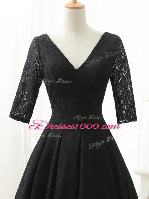 Black Half Sleeves Knee Length Lace and Appliques Lace Up Evening Dress