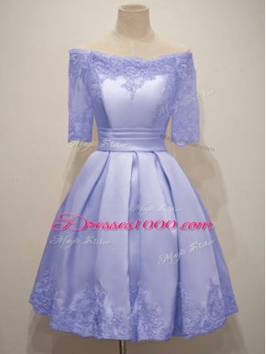 Designer Lavender Taffeta Lace Up Quinceanera Dama Dress Half Sleeves Knee Length Lace