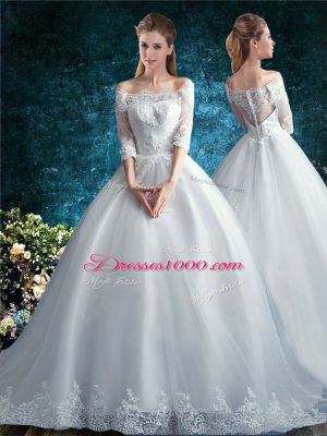 Fancy Off The Shoulder Half Sleeves Court Train Clasp Handle Quince Ball Gowns White Tulle