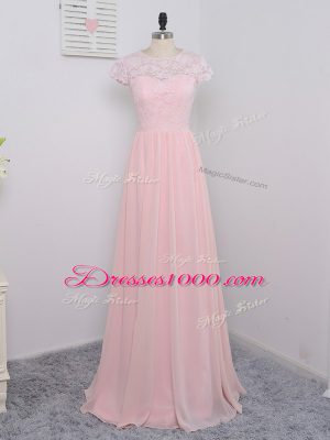 Fashion Baby Pink Empire Chiffon Scoop Cap Sleeves Lace Floor Length Zipper Bridesmaids Dress