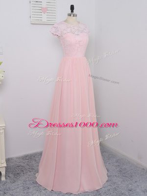 Fashion Baby Pink Empire Chiffon Scoop Cap Sleeves Lace Floor Length Zipper Bridesmaids Dress