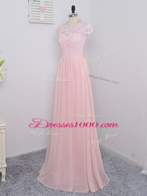 Fashion Baby Pink Empire Chiffon Scoop Cap Sleeves Lace Floor Length Zipper Bridesmaids Dress