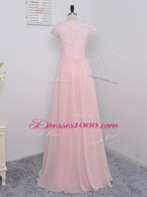 Fashion Baby Pink Empire Chiffon Scoop Cap Sleeves Lace Floor Length Zipper Bridesmaids Dress