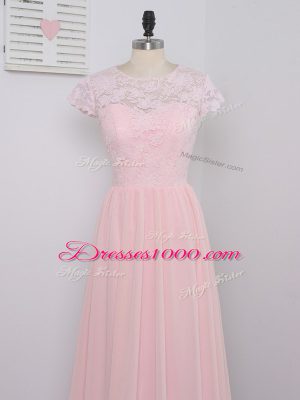 Fashion Baby Pink Empire Chiffon Scoop Cap Sleeves Lace Floor Length Zipper Bridesmaids Dress