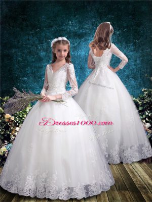 Best White Ball Gowns V-neck 3 4 Length Sleeve Tulle Floor Length Lace Up Lace Toddler Flower Girl Dress
