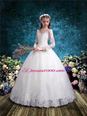 Best White Ball Gowns V-neck 3 4 Length Sleeve Tulle Floor Length Lace Up Lace Toddler Flower Girl Dress