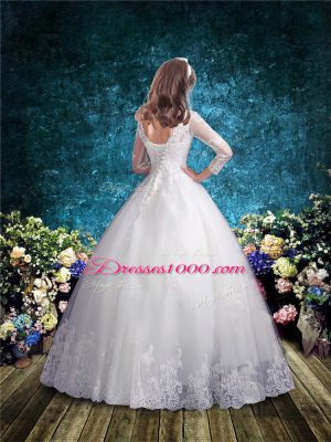 Best White Ball Gowns V-neck 3 4 Length Sleeve Tulle Floor Length Lace Up Lace Toddler Flower Girl Dress