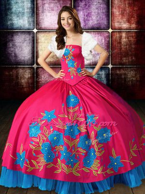 Amazing Hot Pink Strapless Lace Up Embroidery Sweet 16 Quinceanera Dress Sleeveless