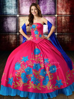 Amazing Hot Pink Strapless Lace Up Embroidery Sweet 16 Quinceanera Dress Sleeveless