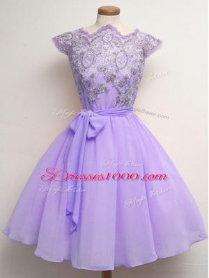Smart Lavender Lace Up Scalloped Lace and Belt Bridesmaid Gown Chiffon Cap Sleeves