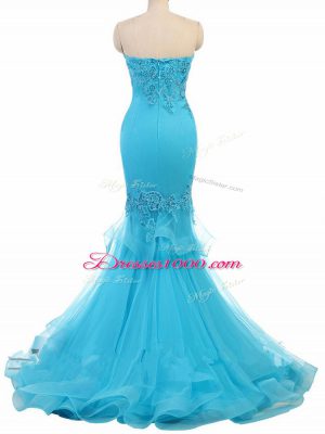 Sweetheart Sleeveless Pageant Dress Brush Train Appliques Aqua Blue Tulle