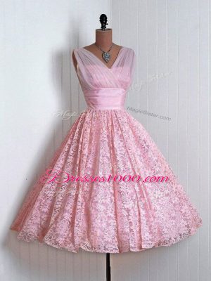 Flare Mini Length Lace Up Bridesmaid Dresses Baby Pink for Prom and Party and Wedding Party with Lace
