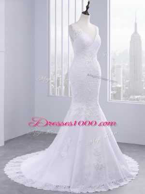 V-neck Sleeveless Brush Train Backless Wedding Dresses White Tulle