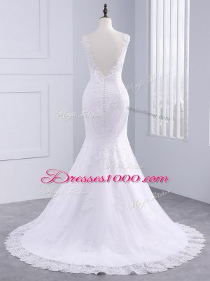 V-neck Sleeveless Brush Train Backless Wedding Dresses White Tulle