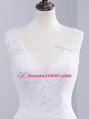 V-neck Sleeveless Brush Train Backless Wedding Dresses White Tulle