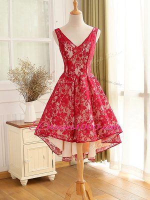 Edgy V-neck Sleeveless Junior Homecoming Dress High Low Lace and Appliques Red Lace