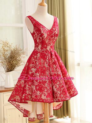 Edgy V-neck Sleeveless Junior Homecoming Dress High Low Lace and Appliques Red Lace