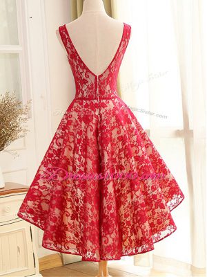 Edgy V-neck Sleeveless Junior Homecoming Dress High Low Lace and Appliques Red Lace