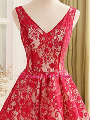 Edgy V-neck Sleeveless Junior Homecoming Dress High Low Lace and Appliques Red Lace