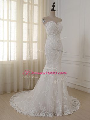 Sleeveless Brush Train Lace and Appliques Zipper Wedding Dress