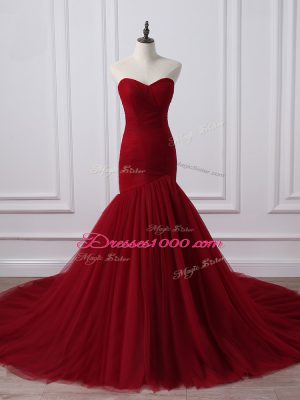 Wine Red Tulle Lace Up Sweetheart Sleeveless Womens Evening Dresses Court Train Ruching
