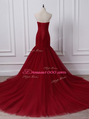 Wine Red Tulle Lace Up Sweetheart Sleeveless Womens Evening Dresses Court Train Ruching