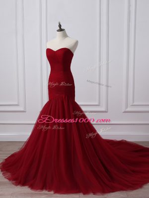 Wine Red Tulle Lace Up Sweetheart Sleeveless Womens Evening Dresses Court Train Ruching