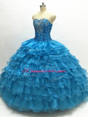 Teal Sleeveless Floor Length Beading and Ruffles Lace Up 15th Birthday Dress