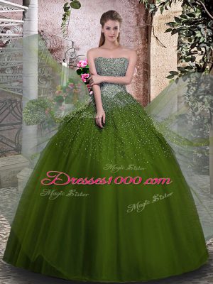 Olive Green Sleeveless Beading Floor Length Ball Gown Prom Dress